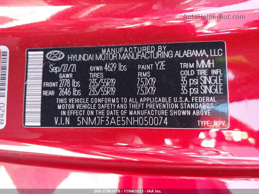 2022 Hyundai Tucson Sel Red vin: 5NMJF3AE5NH050074