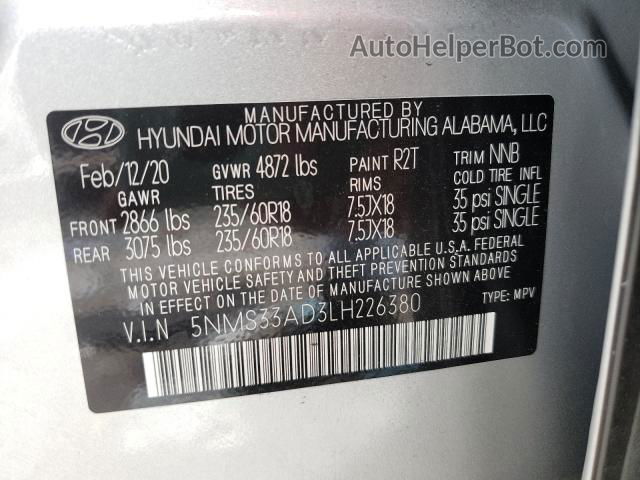 2020 Hyundai Santa Fe Sel Silver vin: 5NMS33AD3LH226380