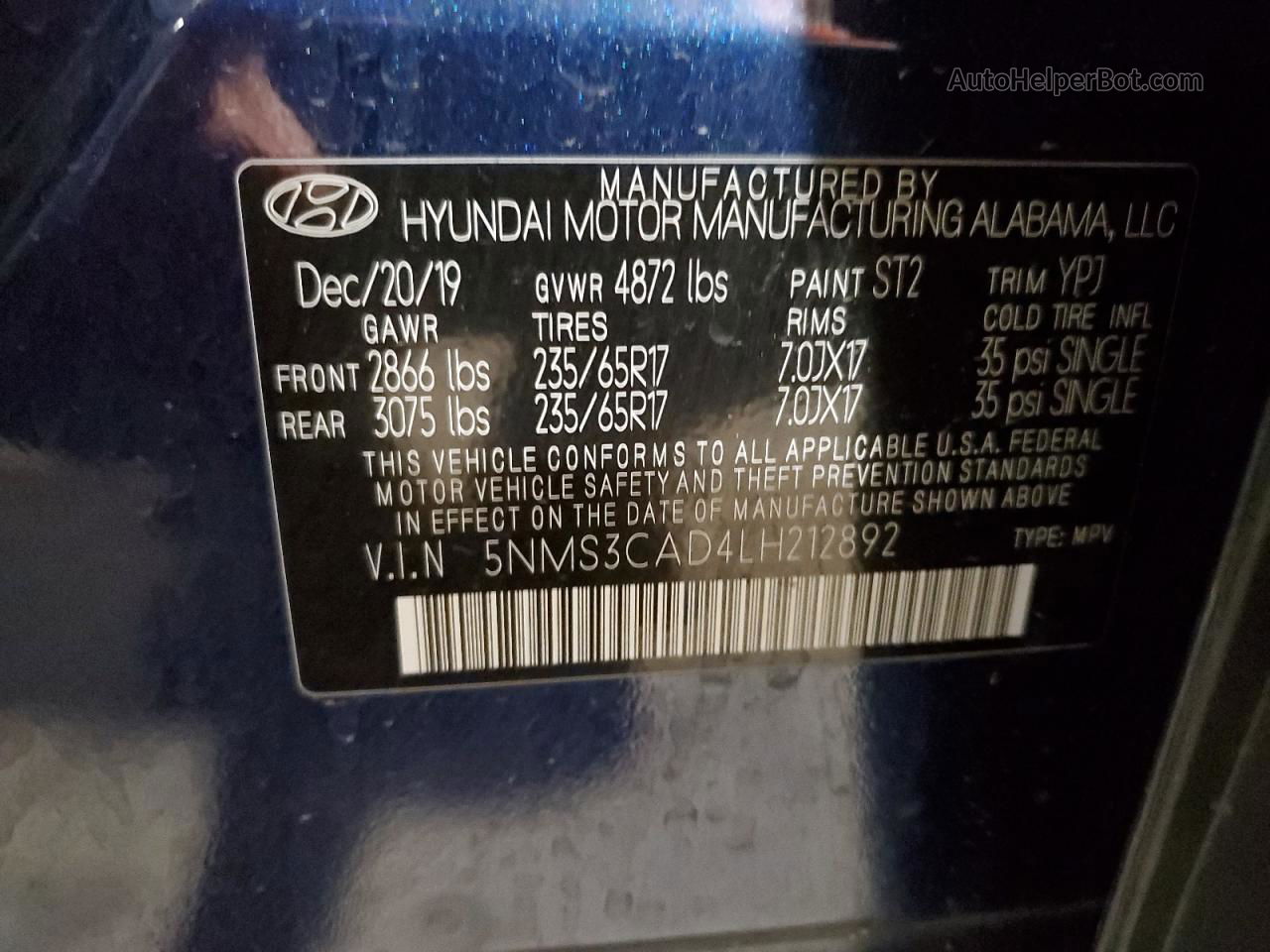 2020 Hyundai Santa Fe Sel Blue vin: 5NMS3CAD4LH212892