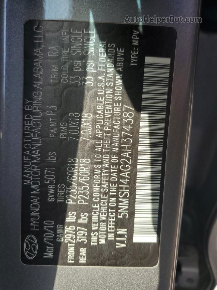 2010 Hyundai Santa Fe Se Gray vin: 5NMSH4AG2AH374387