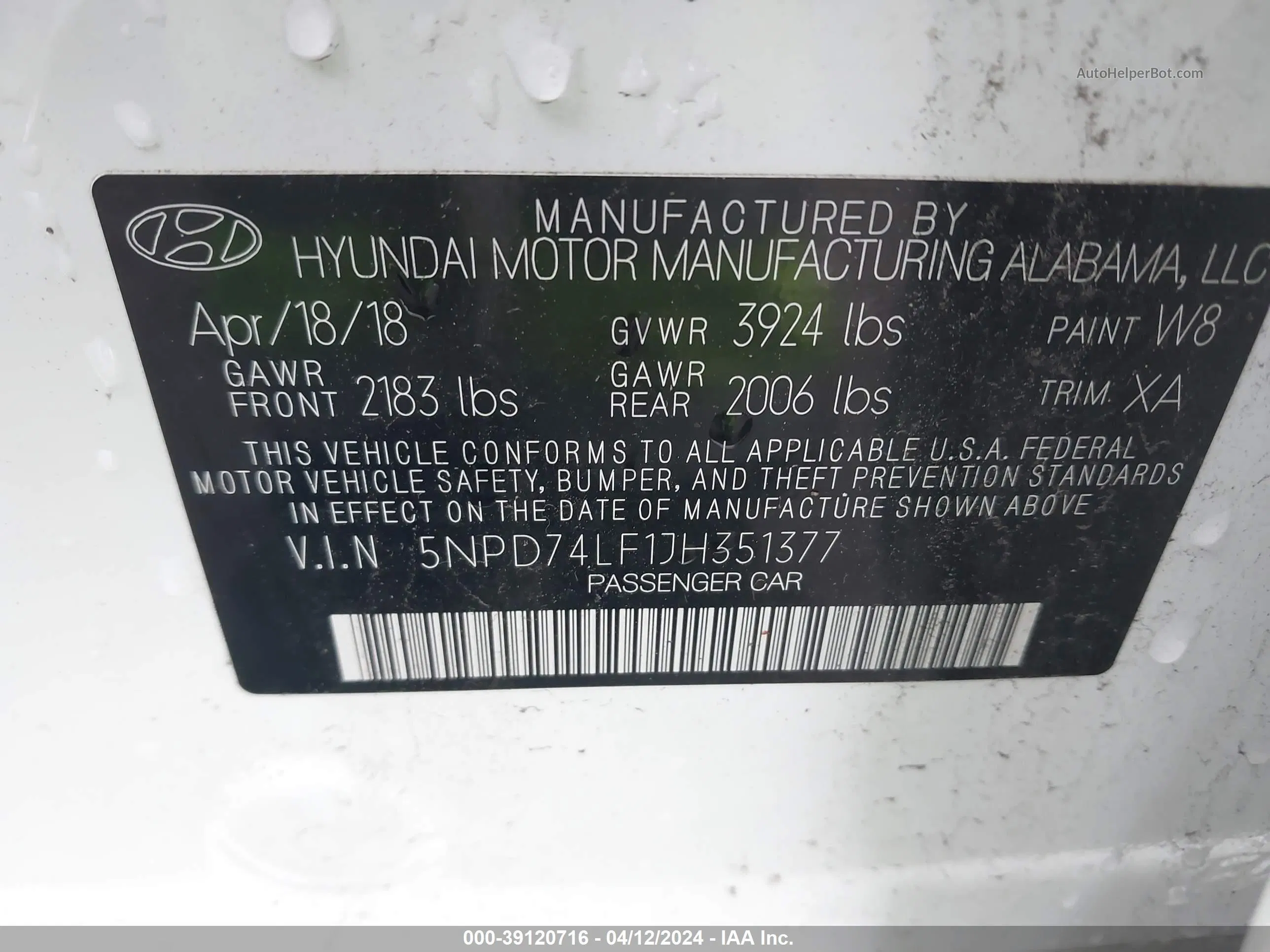 2018 Hyundai Elantra Se White vin: 5NPD74LF1JH351377