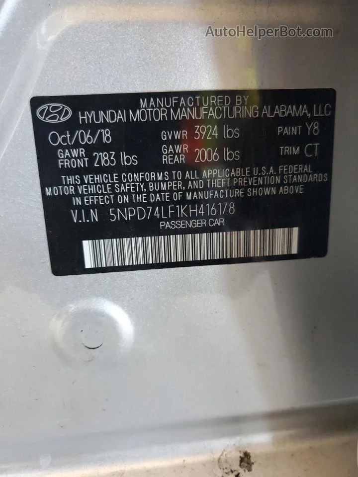 2019 Hyundai Elantra Se Silver vin: 5NPD74LF1KH416178