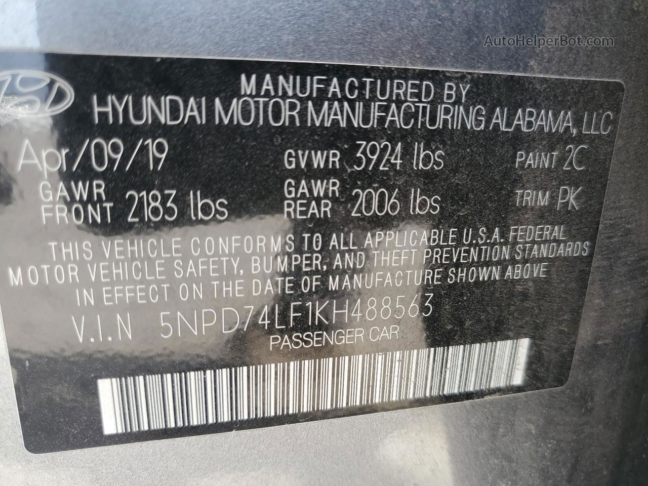 2019 Hyundai Elantra Se Gray vin: 5NPD74LF1KH488563