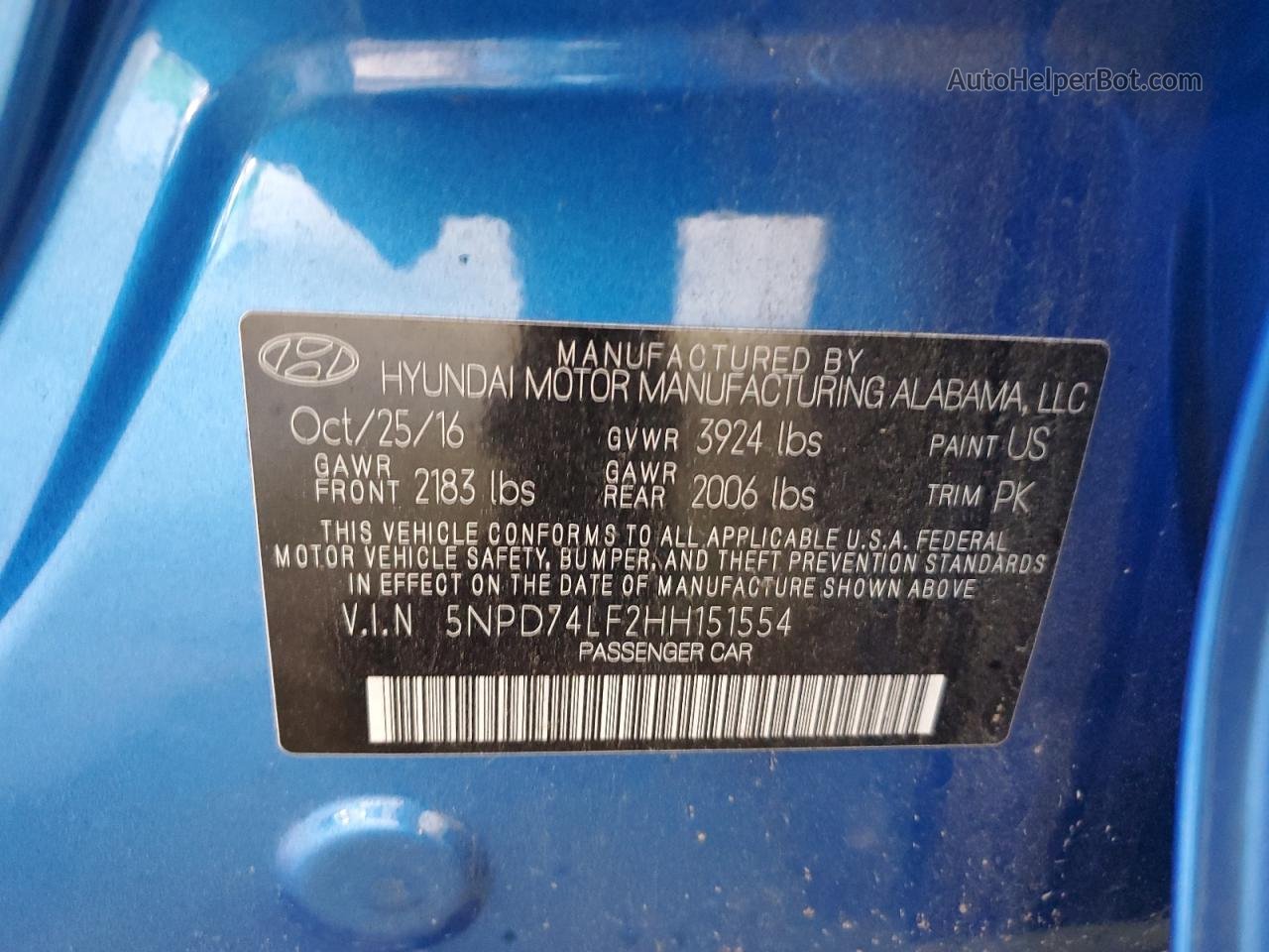 2017 Hyundai Elantra Se Blue vin: 5NPD74LF2HH151554