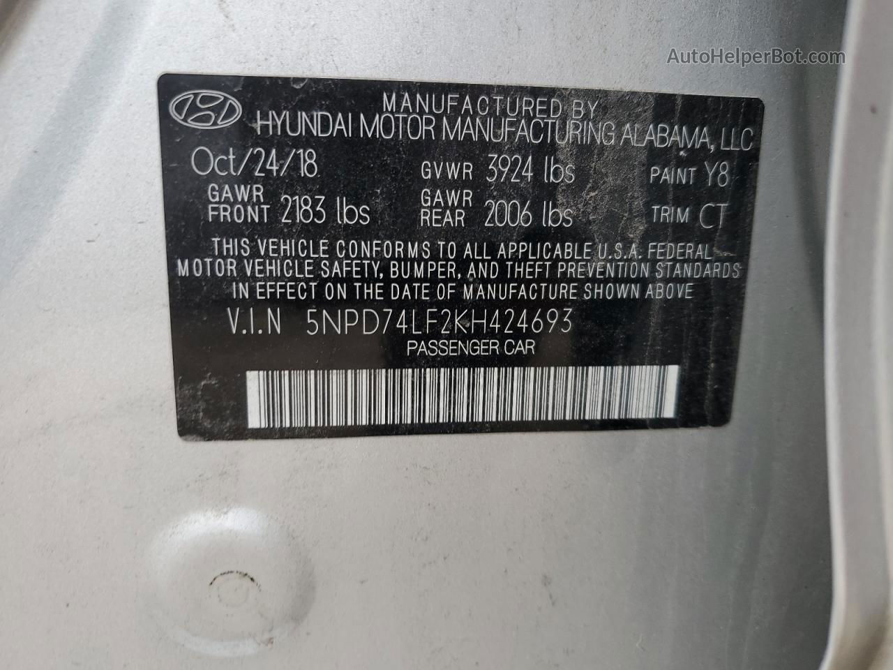 2019 Hyundai Elantra Se Silver vin: 5NPD74LF2KH424693