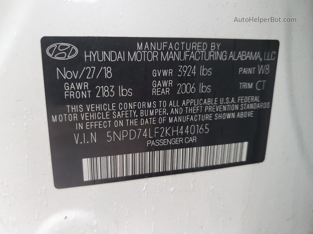 2019 Hyundai Elantra Se White vin: 5NPD74LF2KH440165