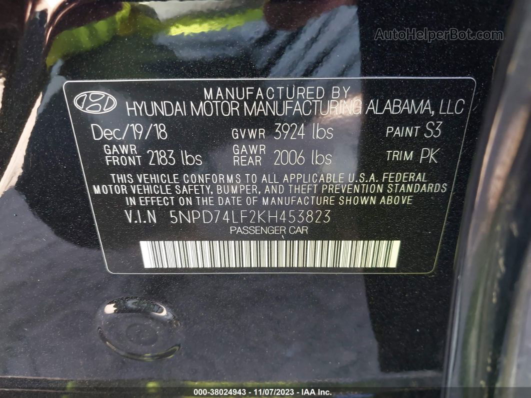 2019 Hyundai Elantra Se Черный vin: 5NPD74LF2KH453823
