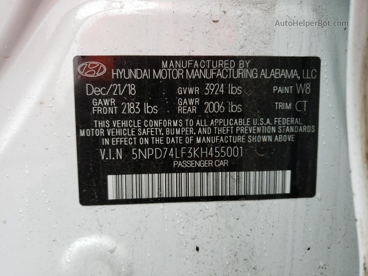 2019 Hyundai Elantra Se White vin: 5NPD74LF3KH455001