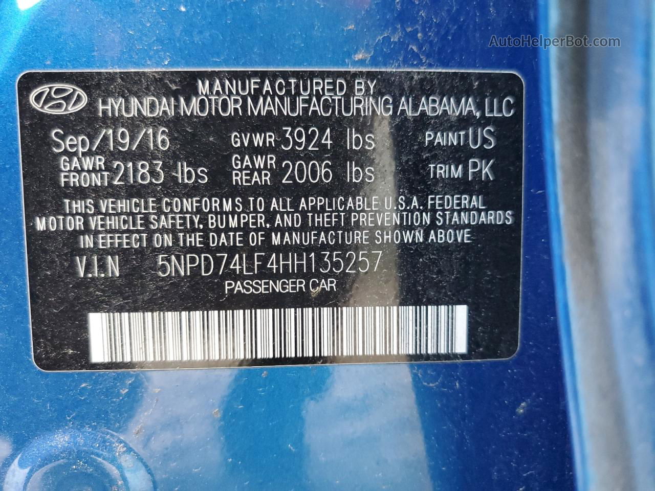 2017 Hyundai Elantra Se Blue vin: 5NPD74LF4HH135257