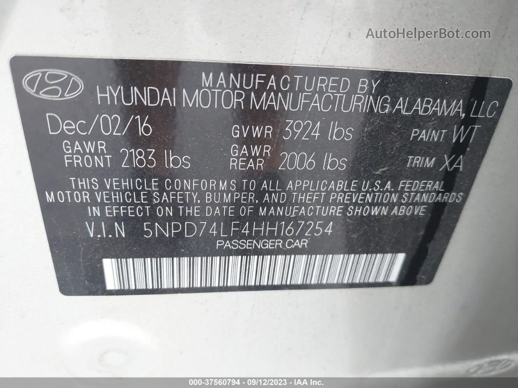 2017 Hyundai Elantra Se Silver vin: 5NPD74LF4HH167254