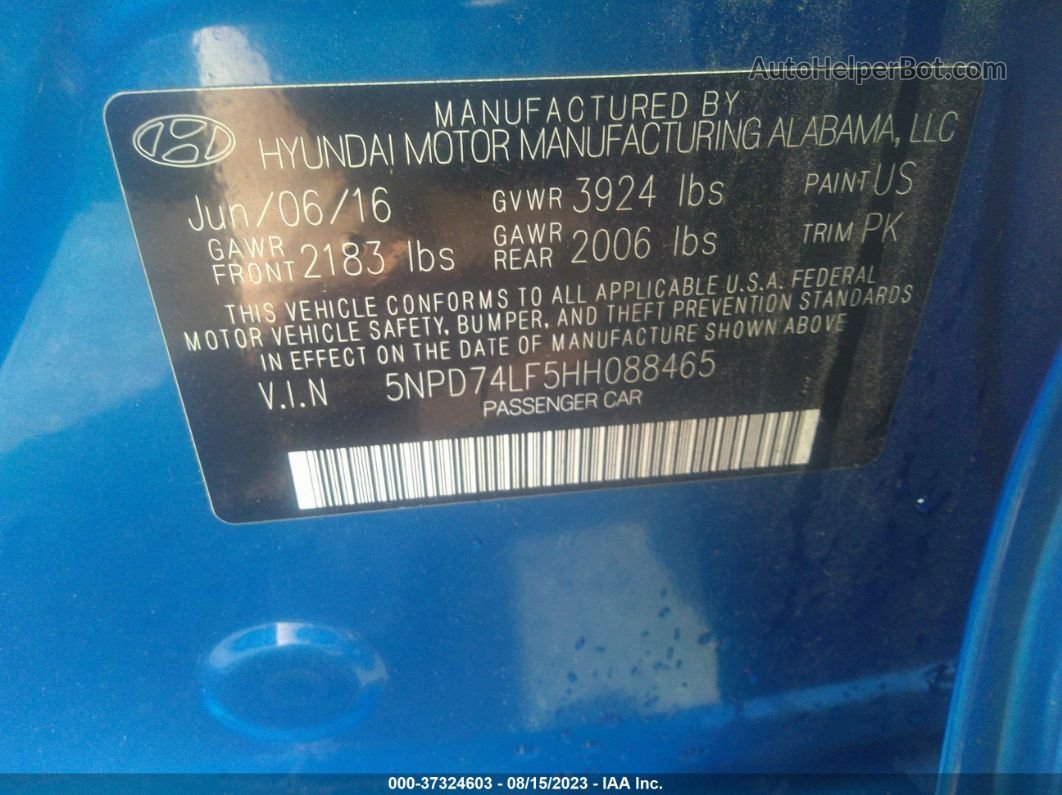 2017 Hyundai Elantra Se Blue vin: 5NPD74LF5HH088465