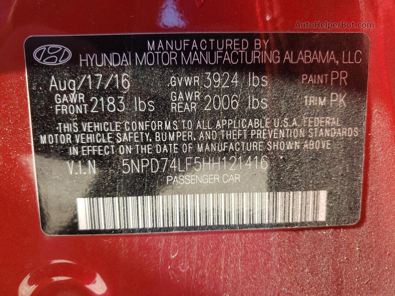 2017 Hyundai Elantra Se Red vin: 5NPD74LF5HH121416
