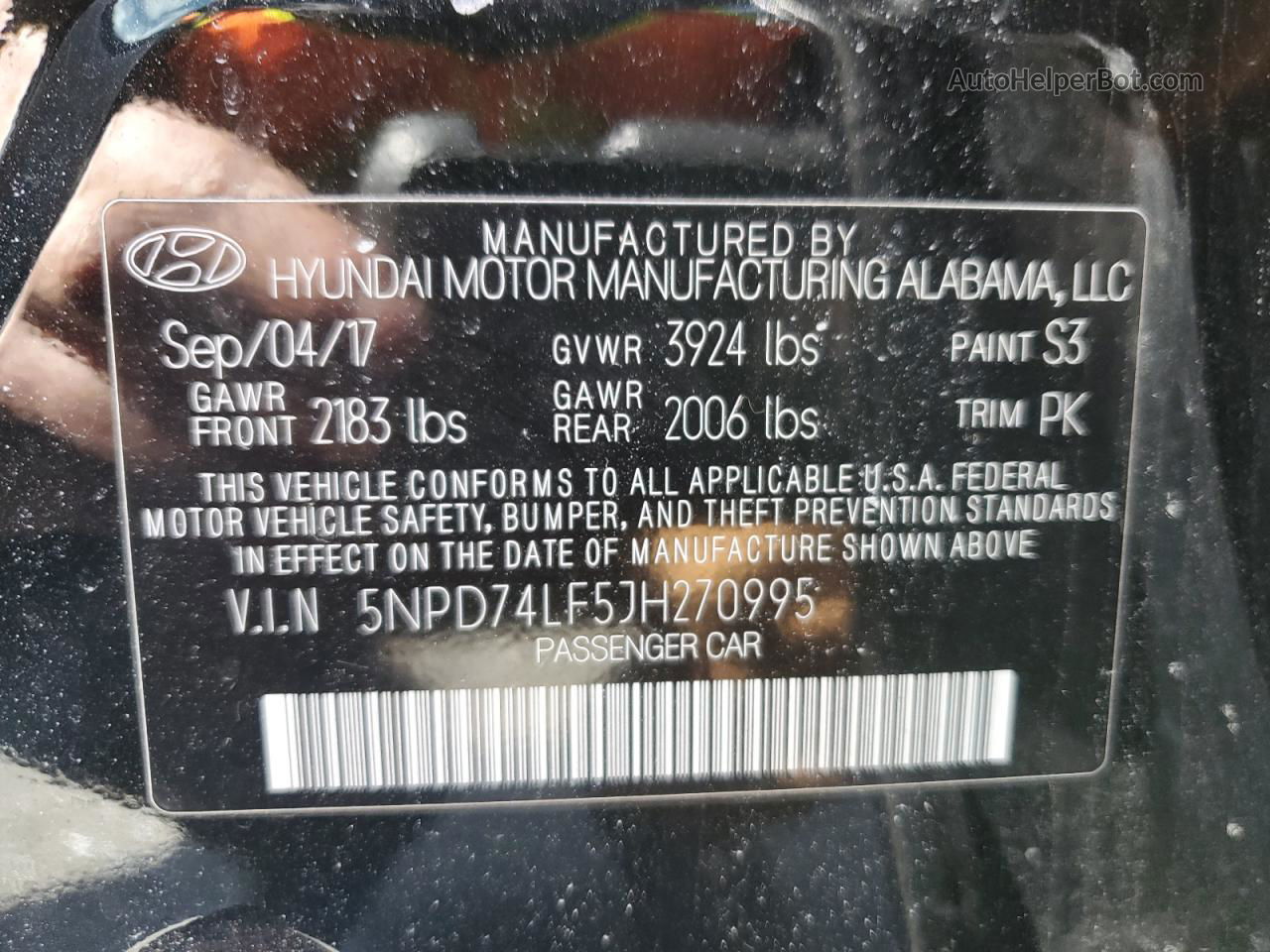 2018 Hyundai Elantra Se Черный vin: 5NPD74LF5JH270995