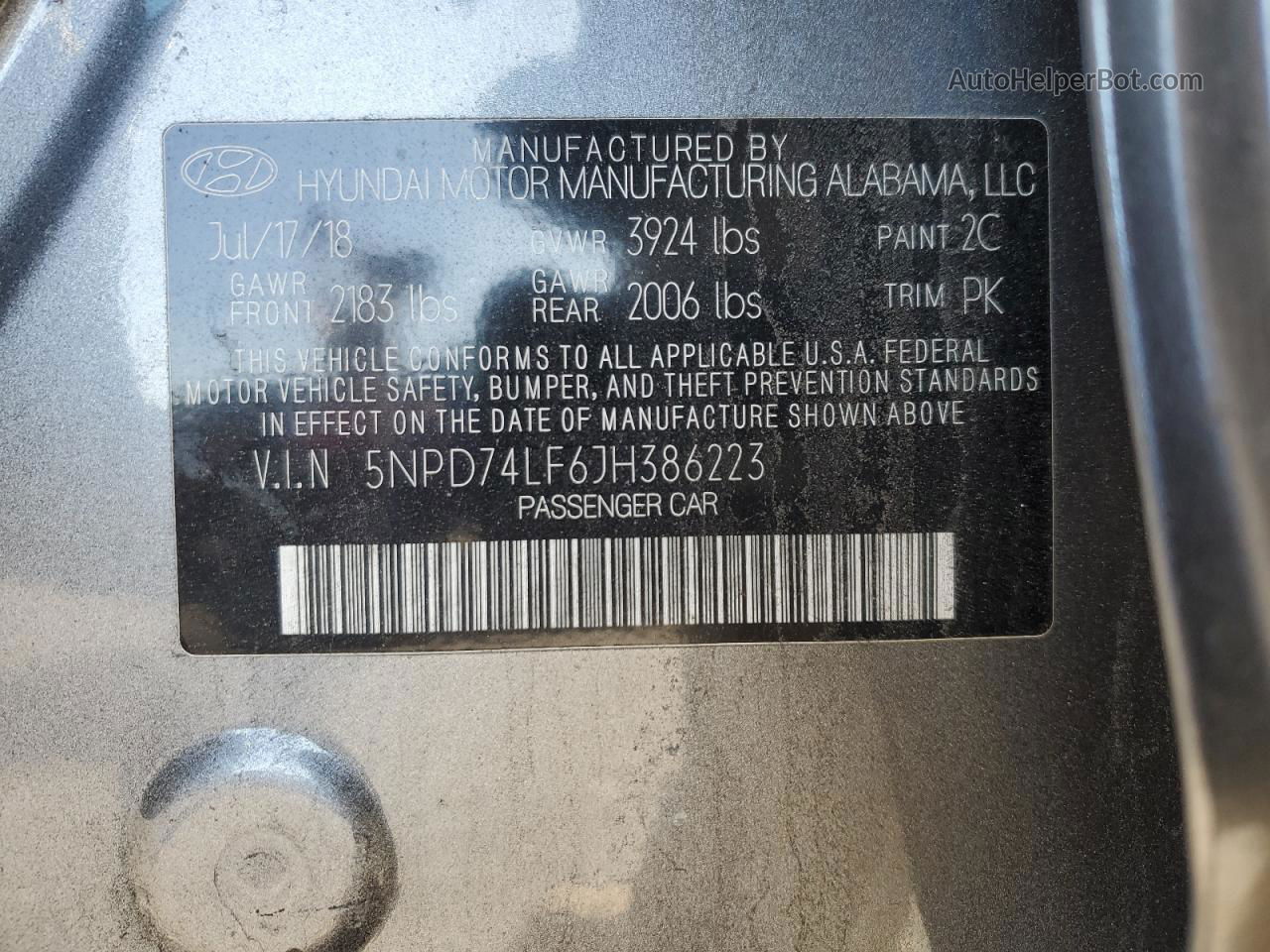 2018 Hyundai Elantra Se Charcoal vin: 5NPD74LF6JH386223