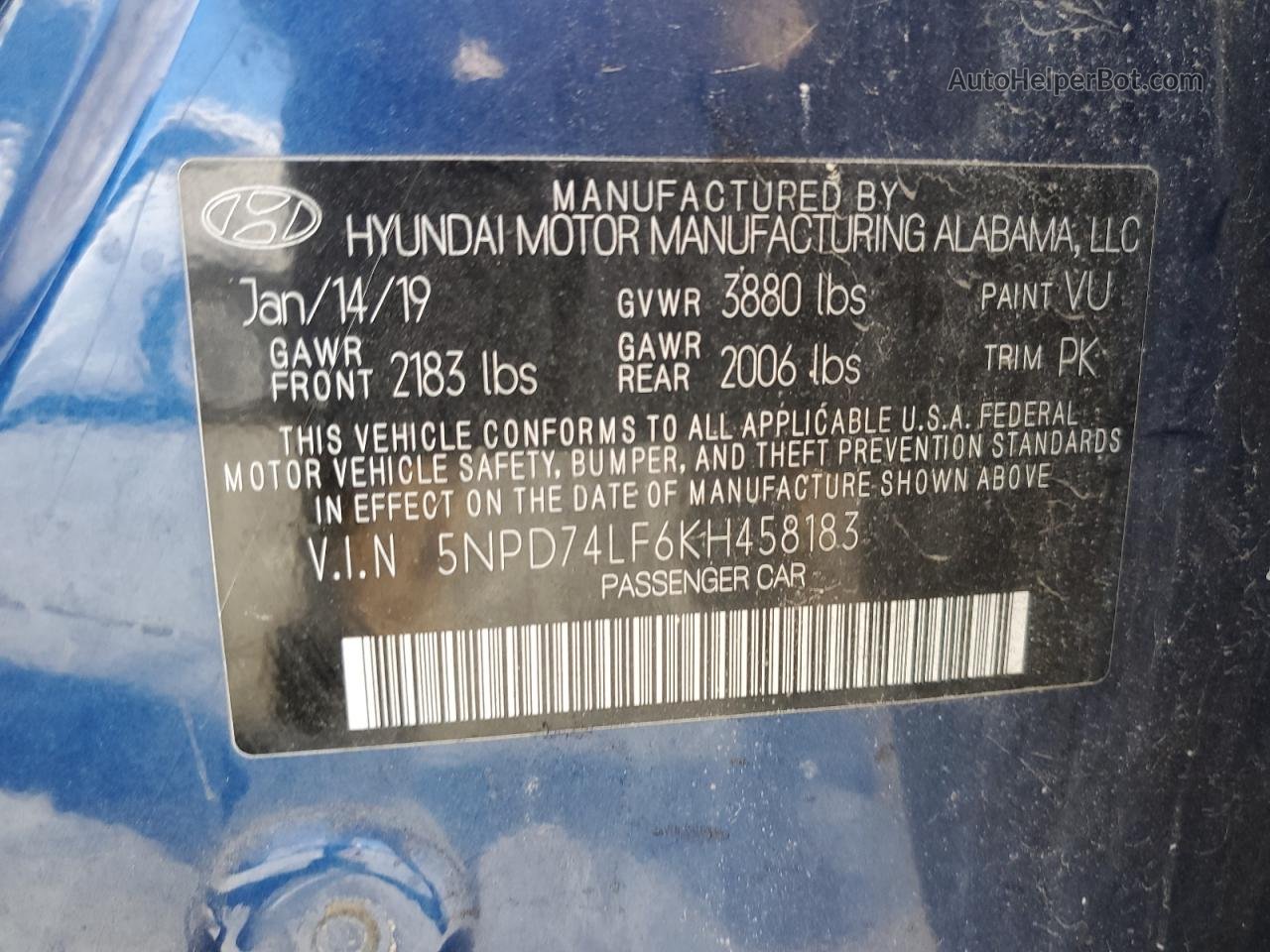 2019 Hyundai Elantra Se Blue vin: 5NPD74LF6KH458183
