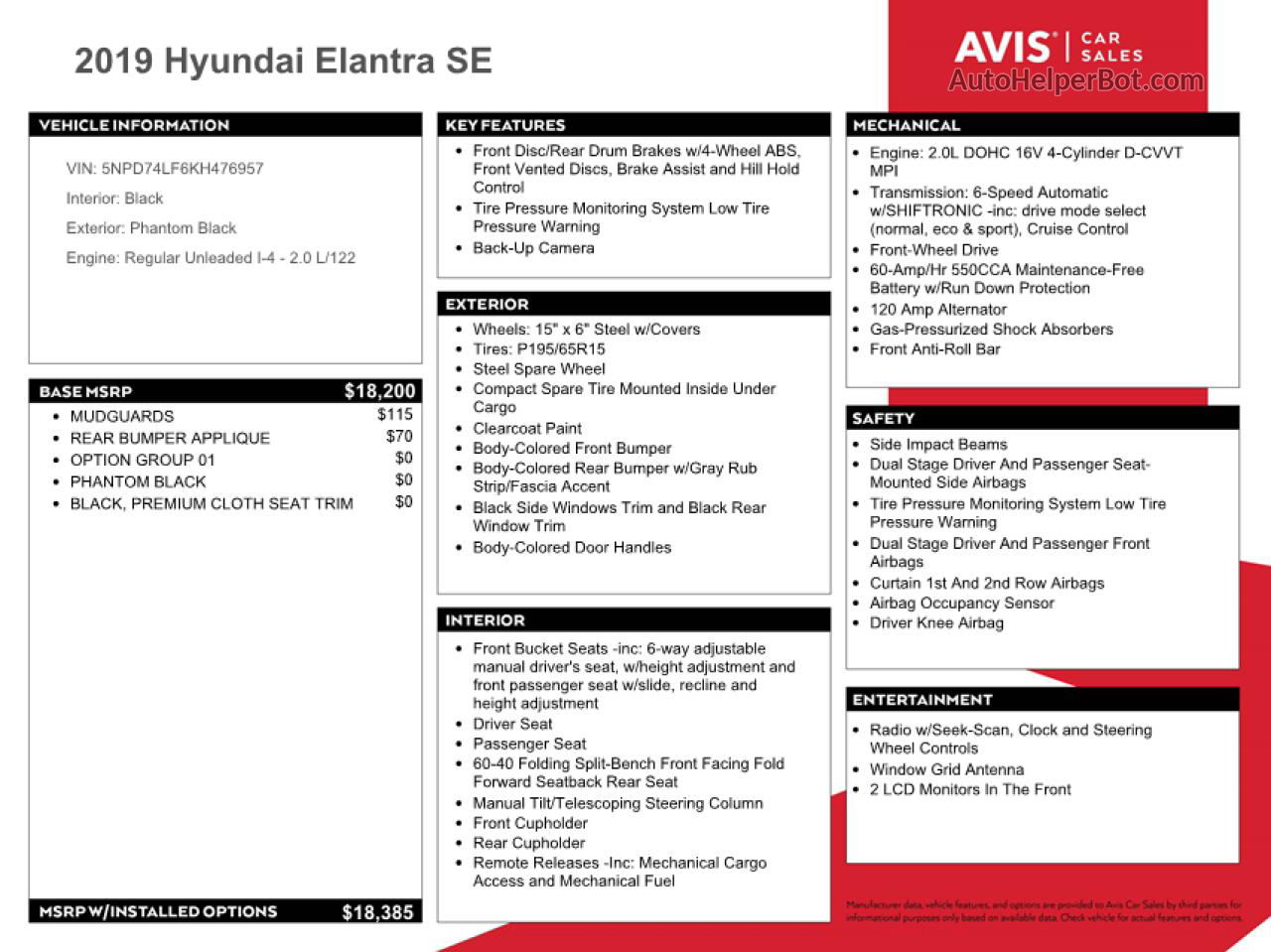 2019 Hyundai Elantra Se Черный vin: 5NPD74LF6KH476957