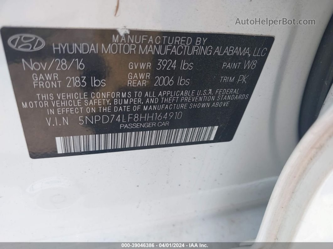 2017 Hyundai Elantra Se White vin: 5NPD74LF8HH164910