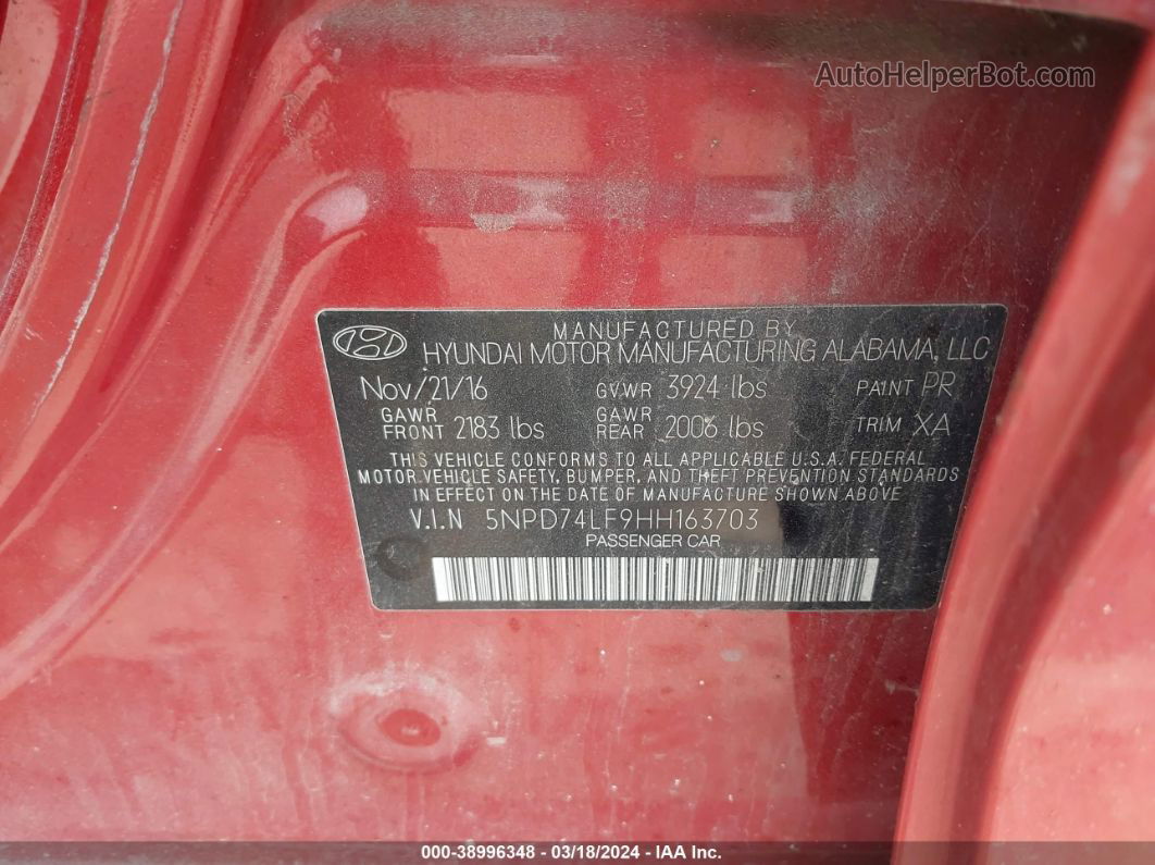 2017 Hyundai Elantra Se Red vin: 5NPD74LF9HH163703