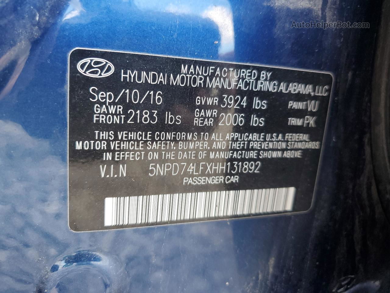 2017 Hyundai Elantra Se Blue vin: 5NPD74LFXHH131892