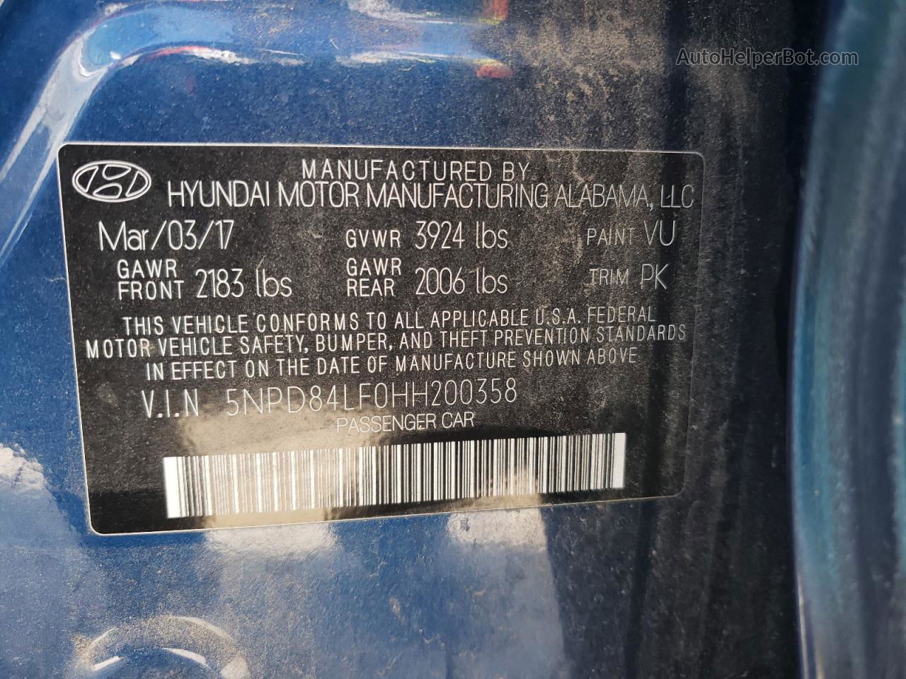 2017 Hyundai Elantra Se Синий vin: 5NPD84LF0HH200358