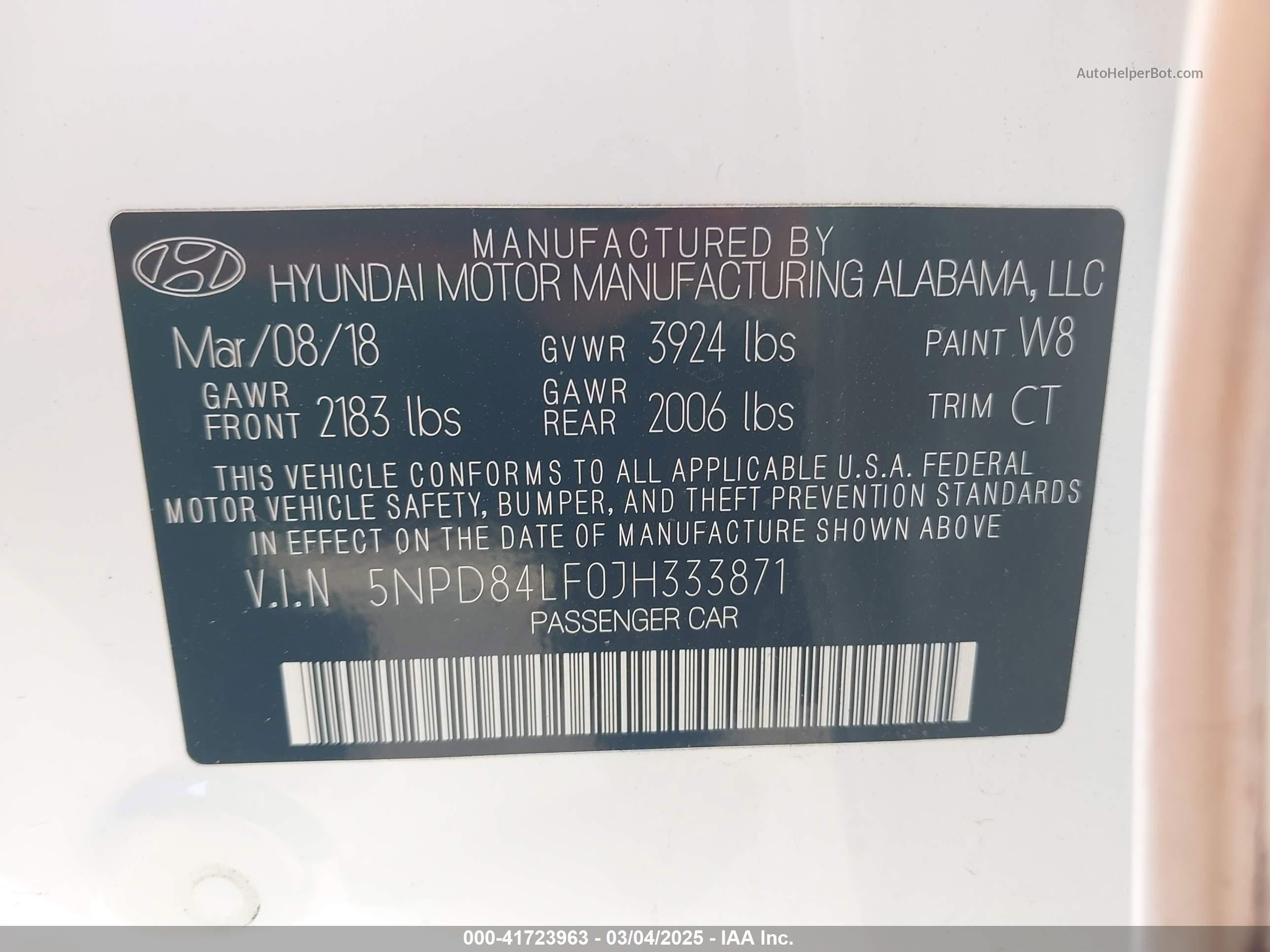2018 Hyundai Elantra Sel White vin: 5NPD84LF0JH333871