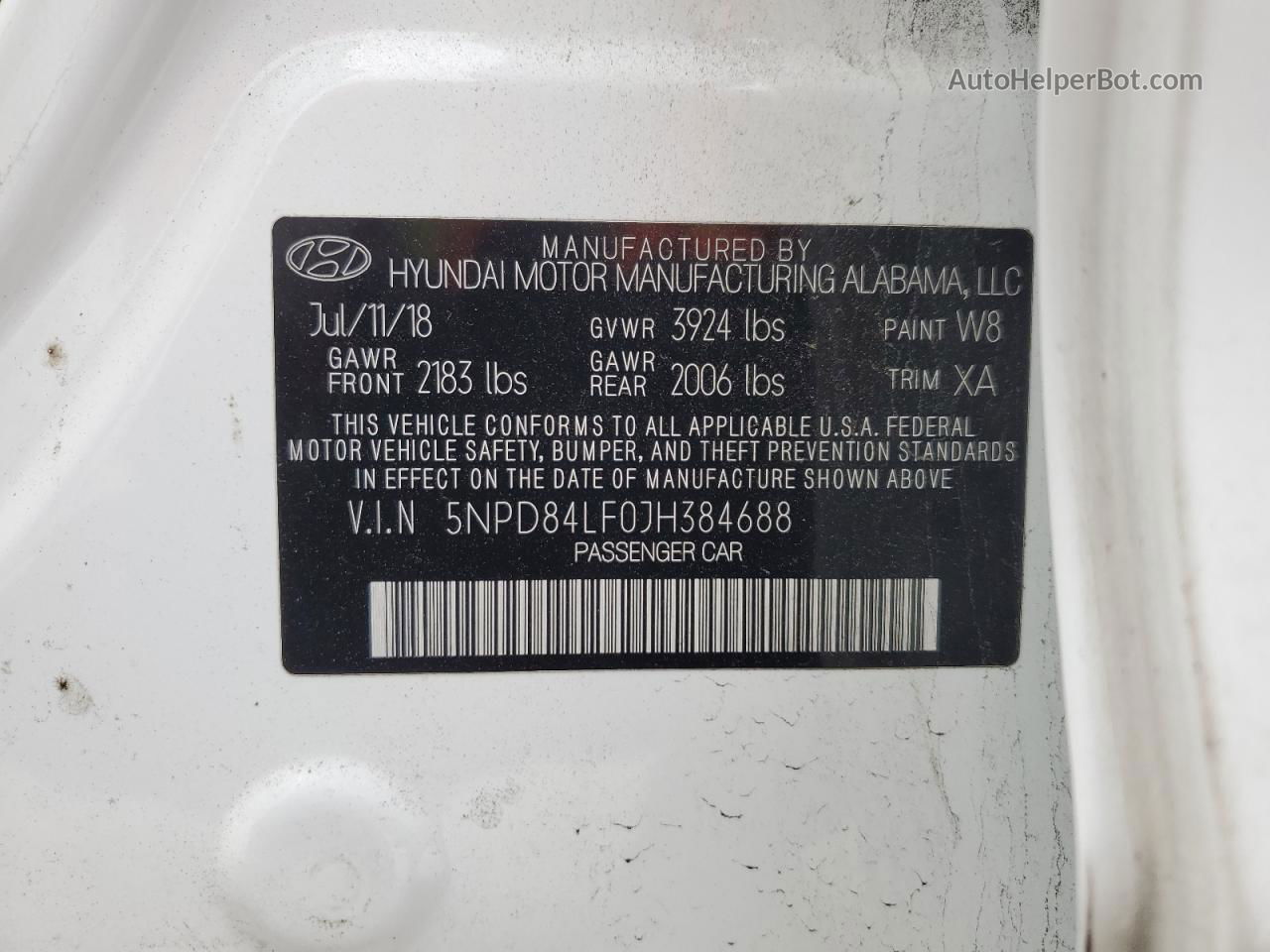 2018 Hyundai Elantra Sel White vin: 5NPD84LF0JH384688