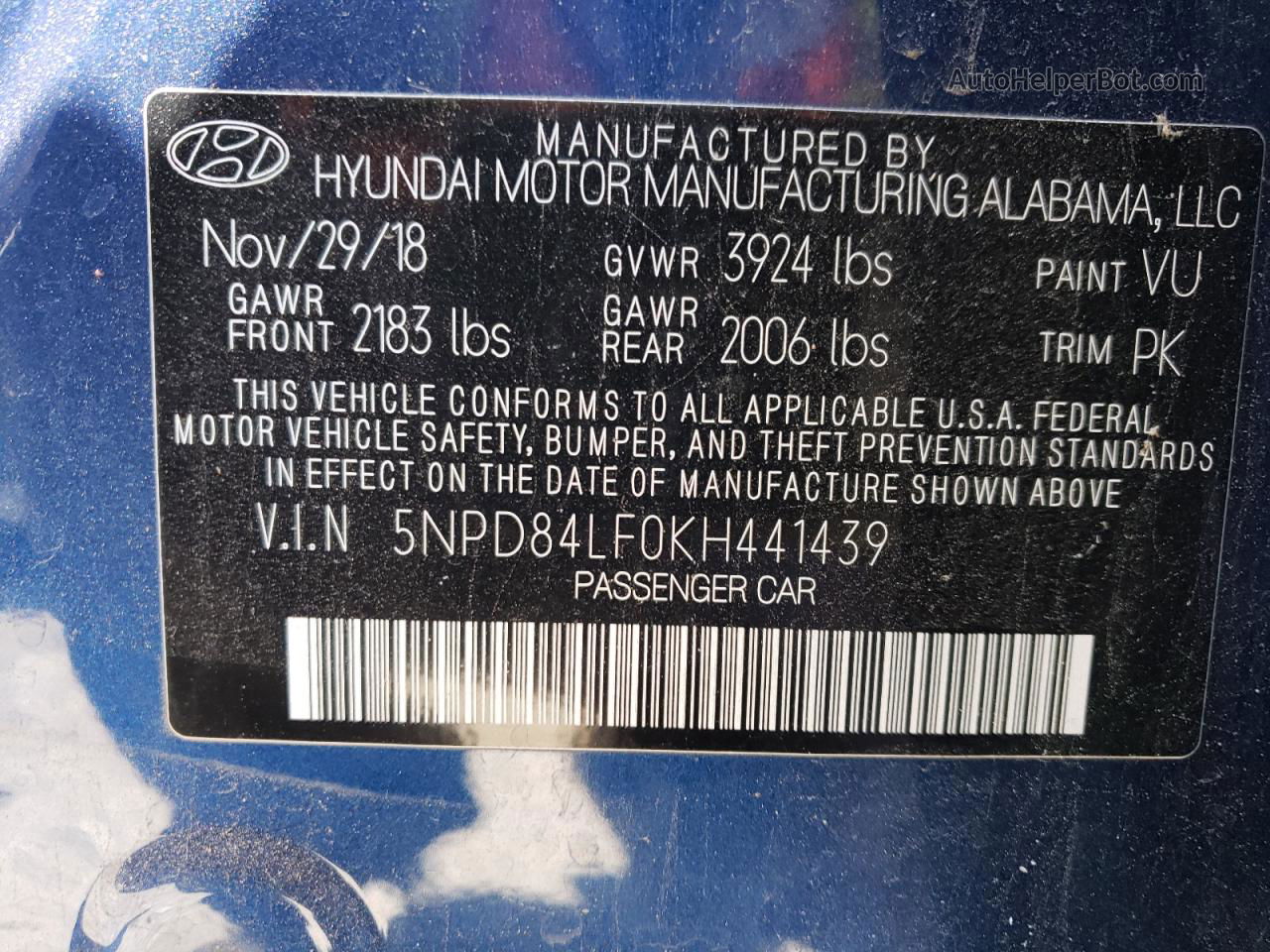 2019 Hyundai Elantra Sel Blue vin: 5NPD84LF0KH441439