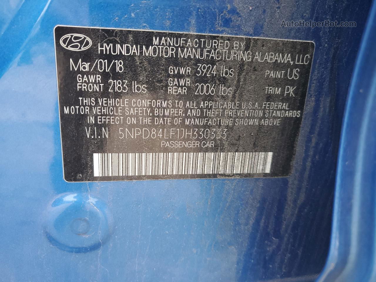 2018 Hyundai Elantra Sel Blue vin: 5NPD84LF1JH330333