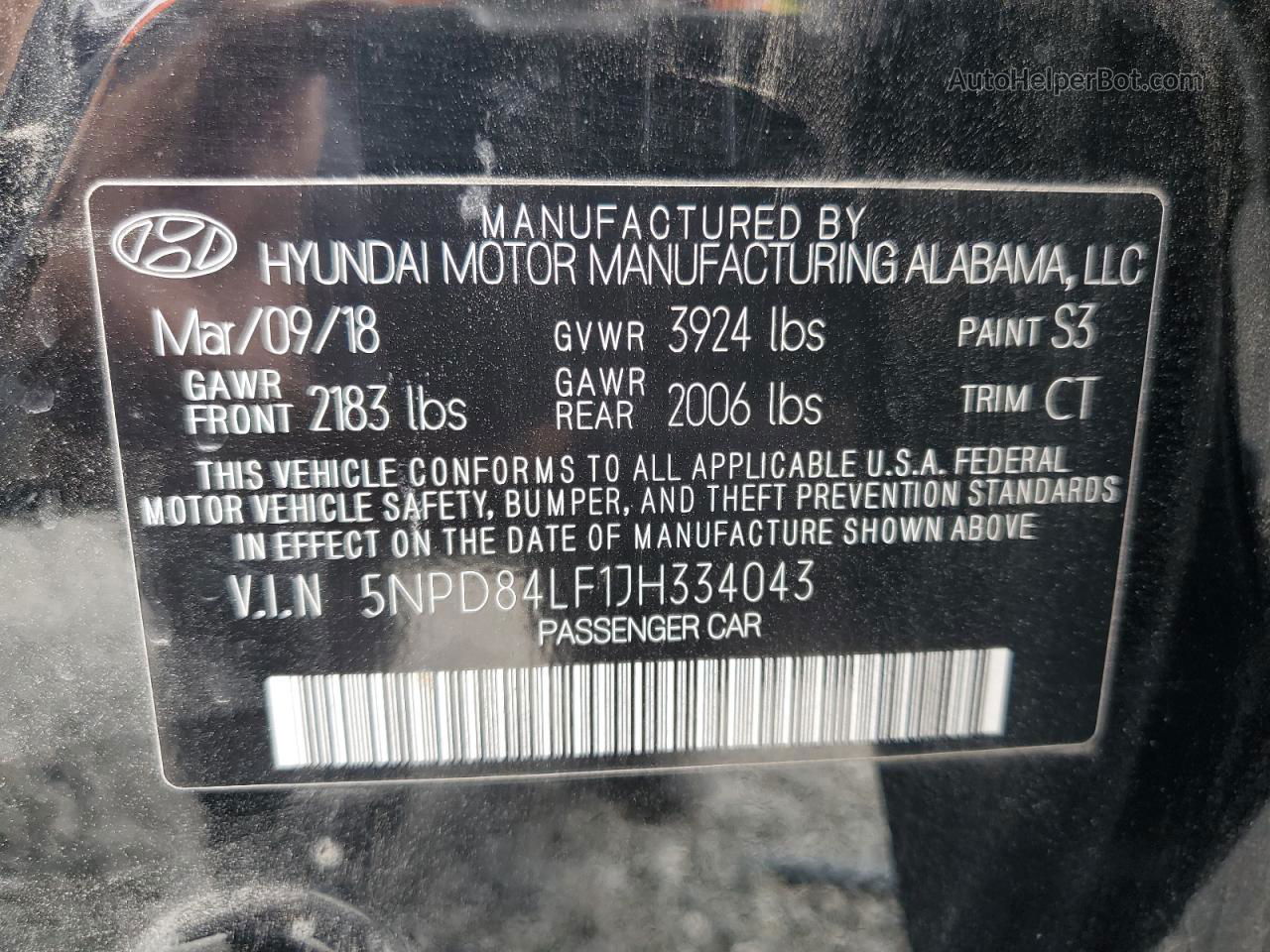 2018 Hyundai Elantra Sel Черный vin: 5NPD84LF1JH334043