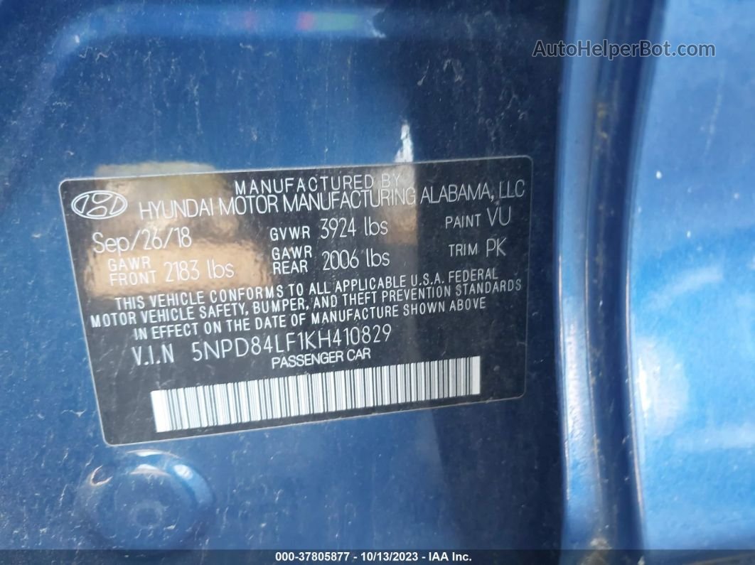 2019 Hyundai Elantra Sel Blue vin: 5NPD84LF1KH410829