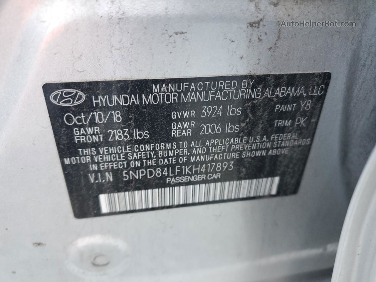 2019 Hyundai Elantra Sel Серебряный vin: 5NPD84LF1KH417893