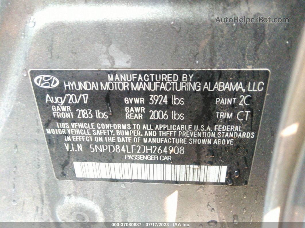 2018 Hyundai Elantra Sel Gray vin: 5NPD84LF2JH264908
