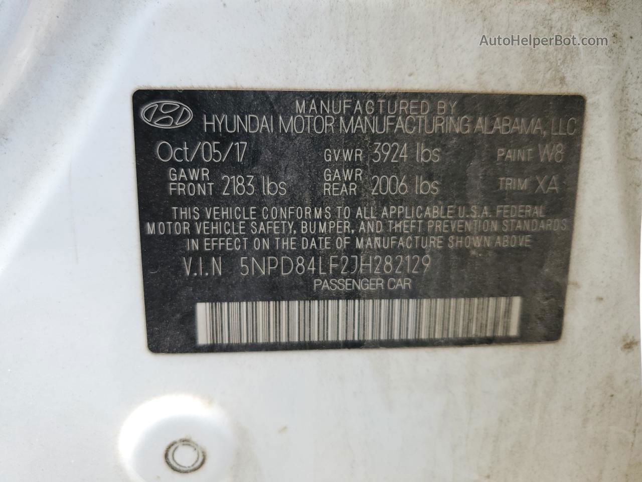 2018 Hyundai Elantra Sel White vin: 5NPD84LF2JH282129