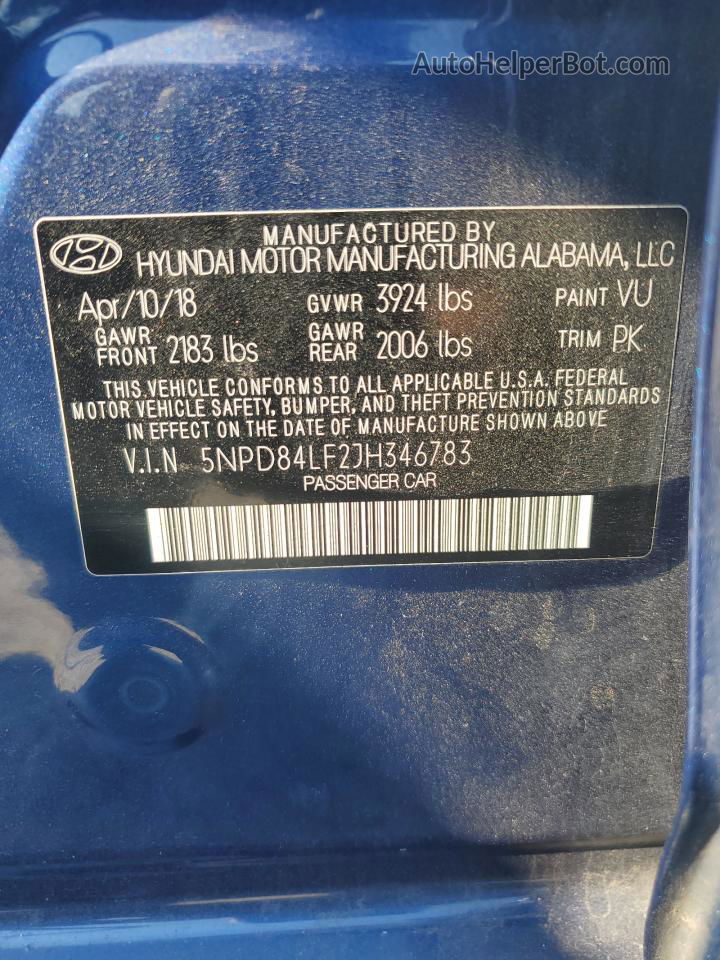 2018 Hyundai Elantra Sel Blue vin: 5NPD84LF2JH346783