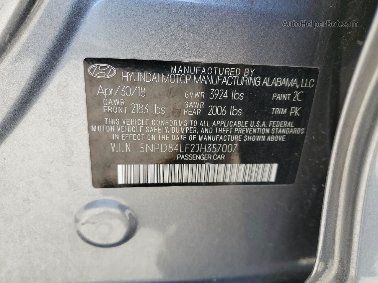 2018 Hyundai Elantra Sel Серый vin: 5NPD84LF2JH357007