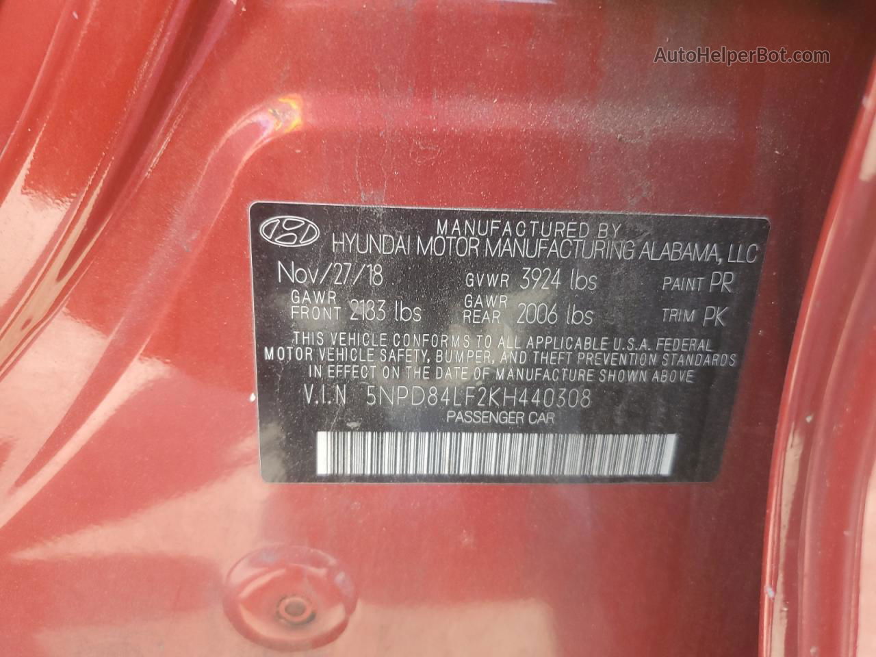 2019 Hyundai Elantra Sel Red vin: 5NPD84LF2KH440308