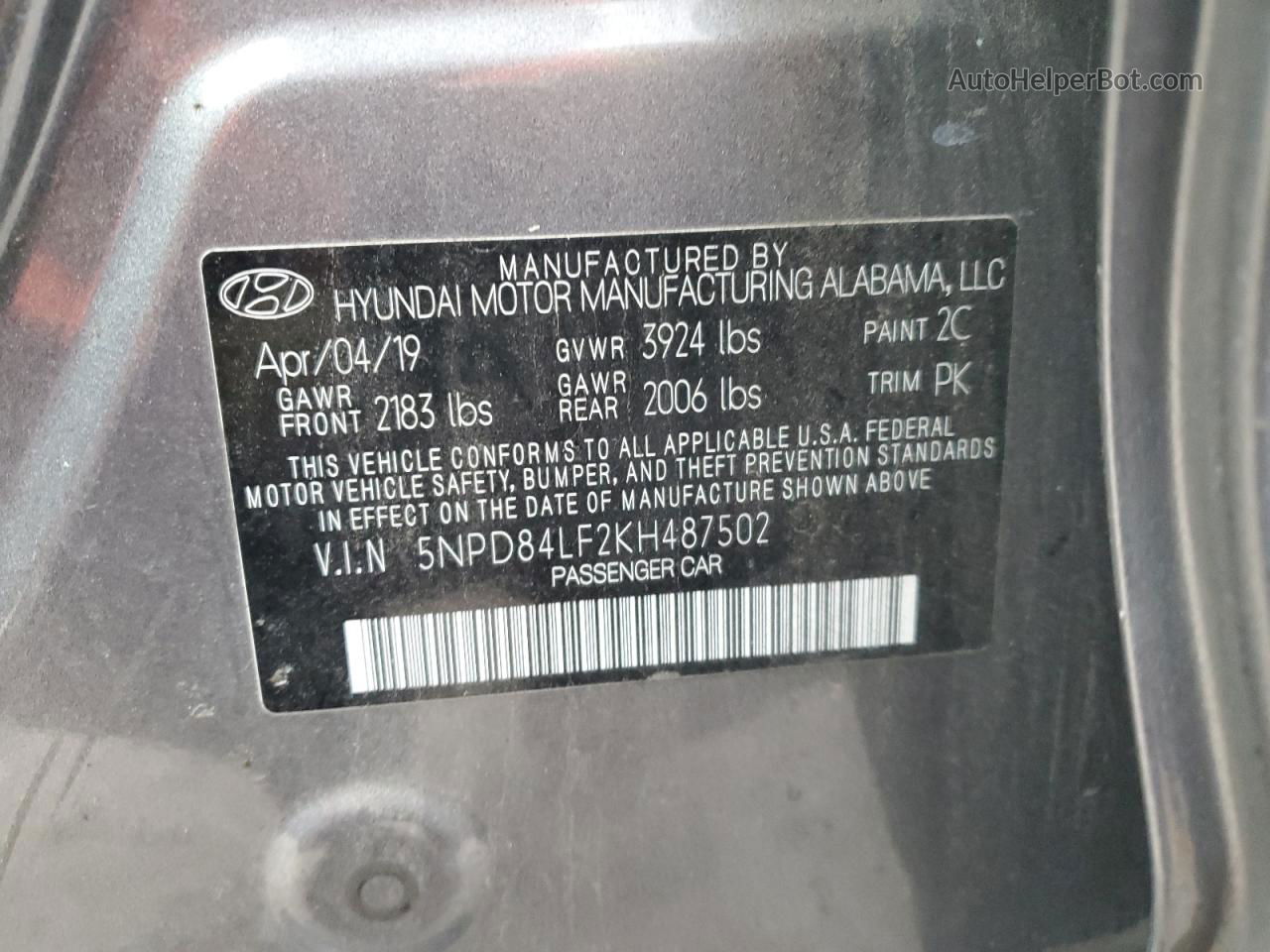 2019 Hyundai Elantra Sel Gray vin: 5NPD84LF2KH487502