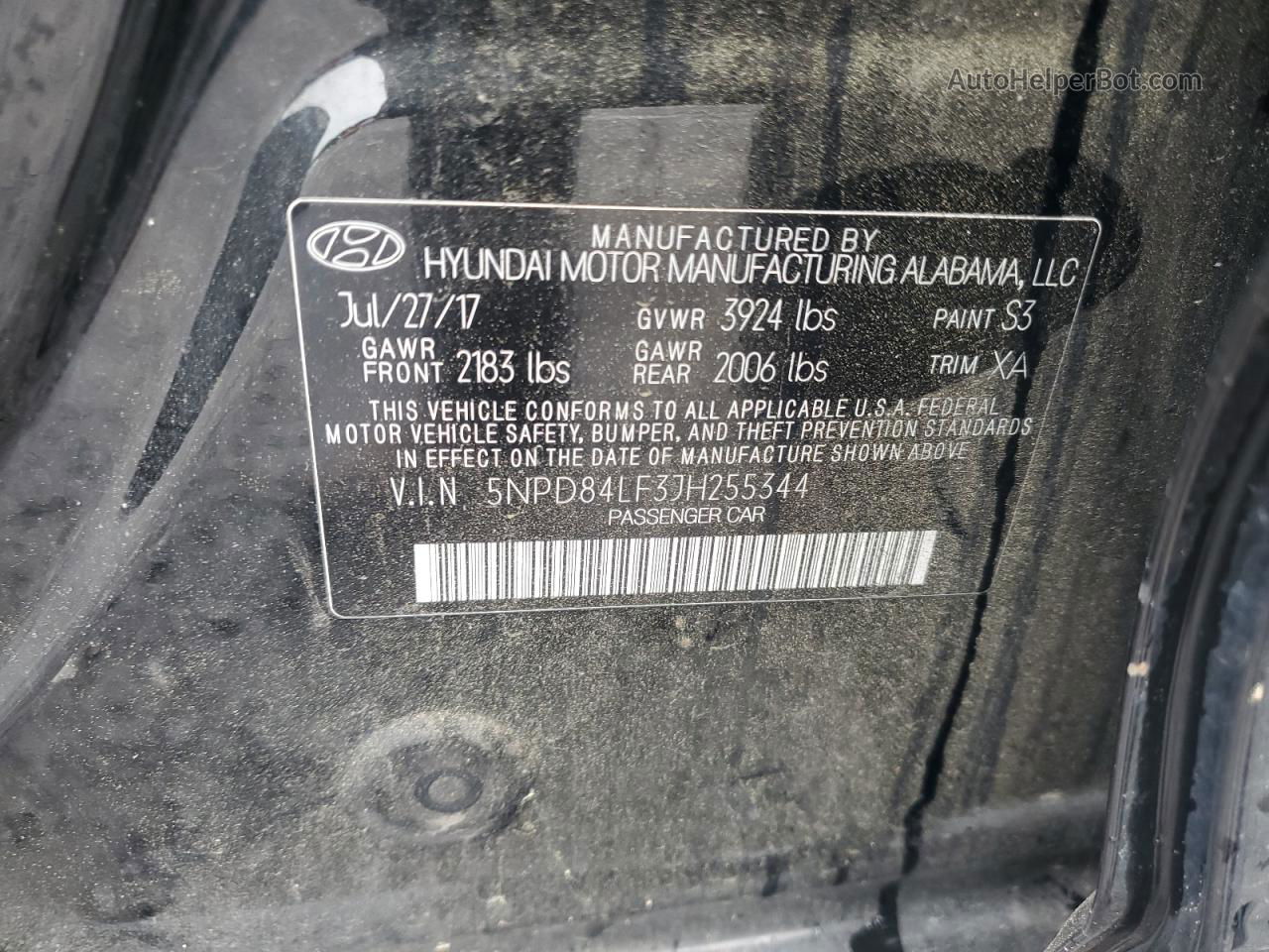2018 Hyundai Elantra Sel Black vin: 5NPD84LF3JH255344