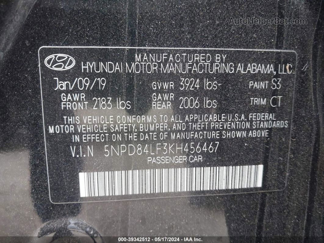 2019 Hyundai Elantra Limited Черный vin: 5NPD84LF3KH456467