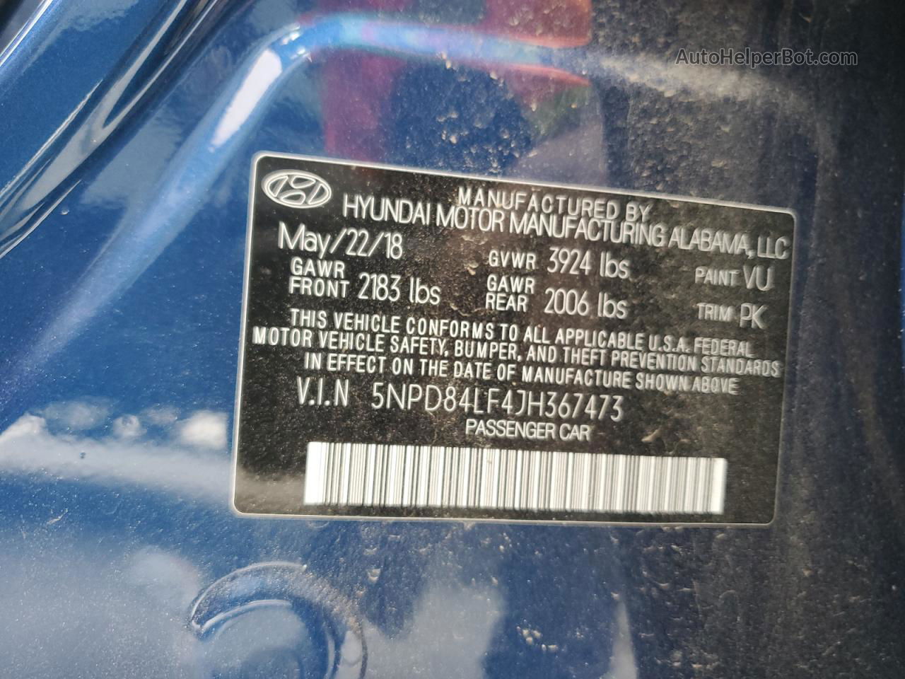 2018 Hyundai Elantra Sel Blue vin: 5NPD84LF4JH367473