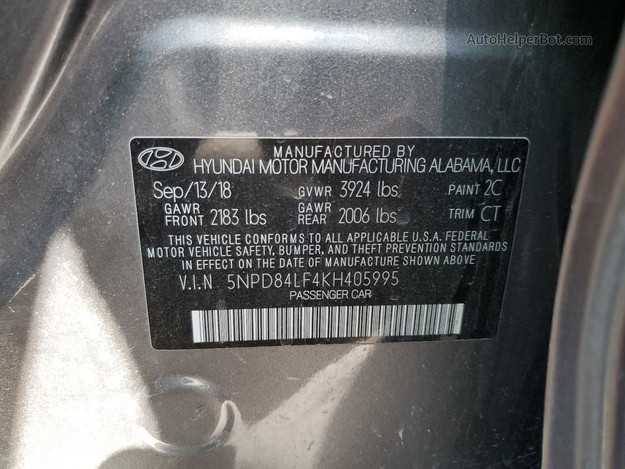 2019 Hyundai Elantra Sel Gray vin: 5NPD84LF4KH405995