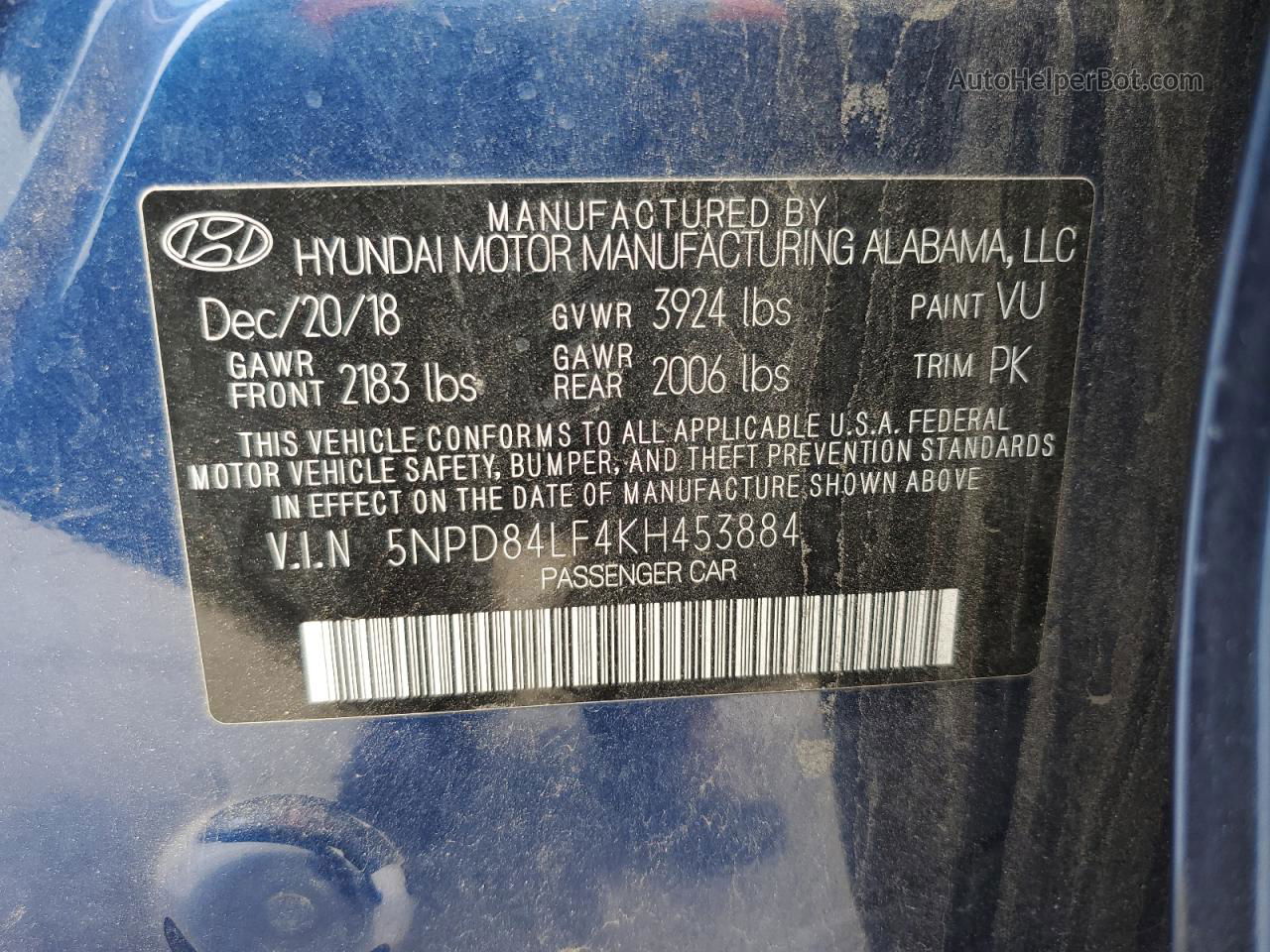 2019 Hyundai Elantra Sel Blue vin: 5NPD84LF4KH453884