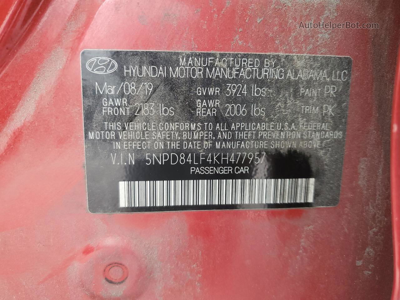 2019 Hyundai Elantra Sel Red vin: 5NPD84LF4KH477957