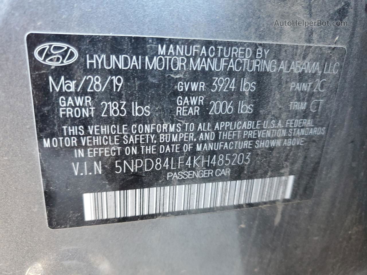 2019 Hyundai Elantra Sel Gray vin: 5NPD84LF4KH485203