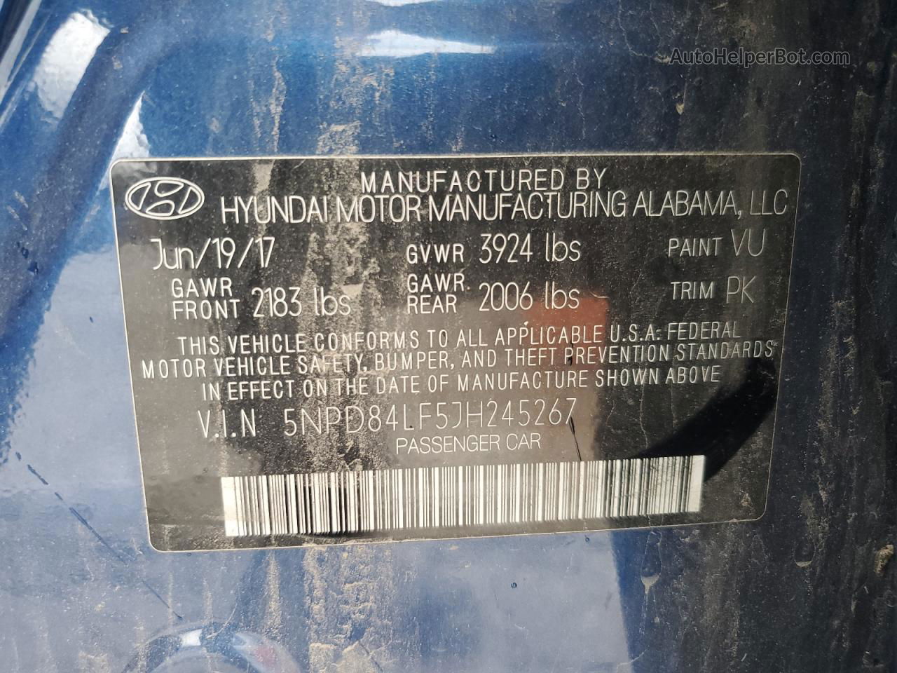 2018 Hyundai Elantra Sel Blue vin: 5NPD84LF5JH245267