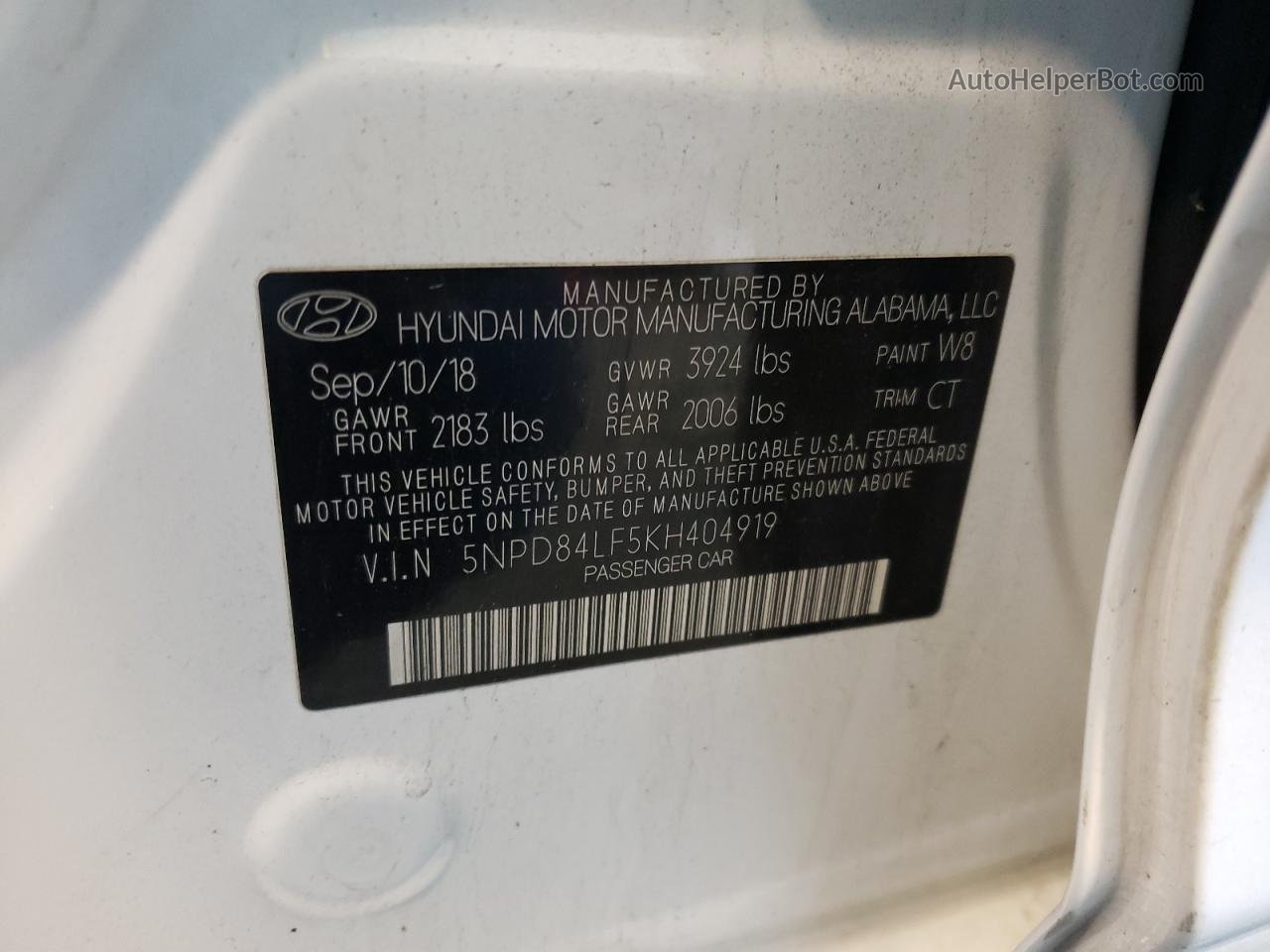 2019 Hyundai Elantra Sel Белый vin: 5NPD84LF5KH404919