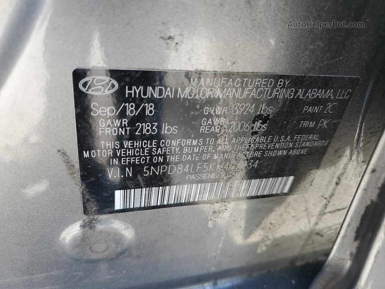 2019 Hyundai Elantra Sel Серый vin: 5NPD84LF5KH407934