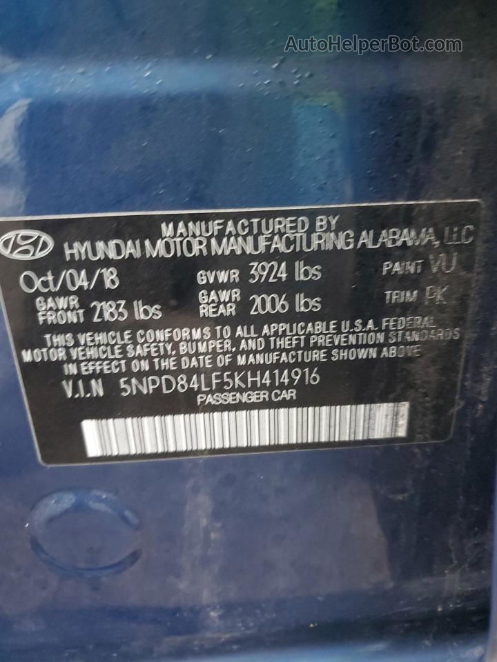 2019 Hyundai Elantra Sel Blue vin: 5NPD84LF5KH414916