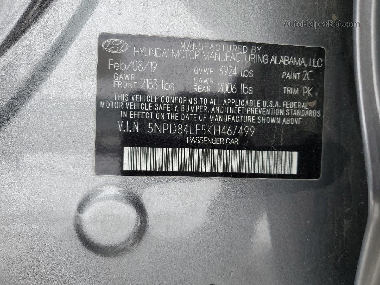 2019 Hyundai Elantra Sel Серый vin: 5NPD84LF5KH467499