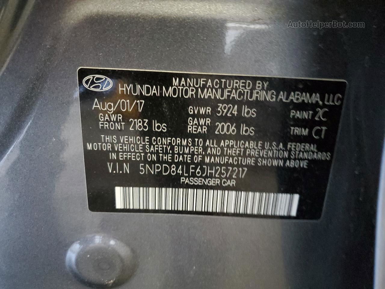 2018 Hyundai Elantra Sel Gray vin: 5NPD84LF6JH257217